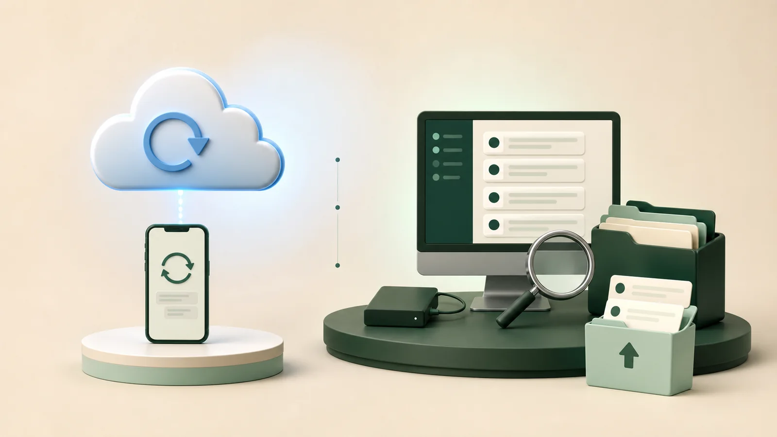 Cloud restore backup compared with a searchable local WhatsApp archive on a computer